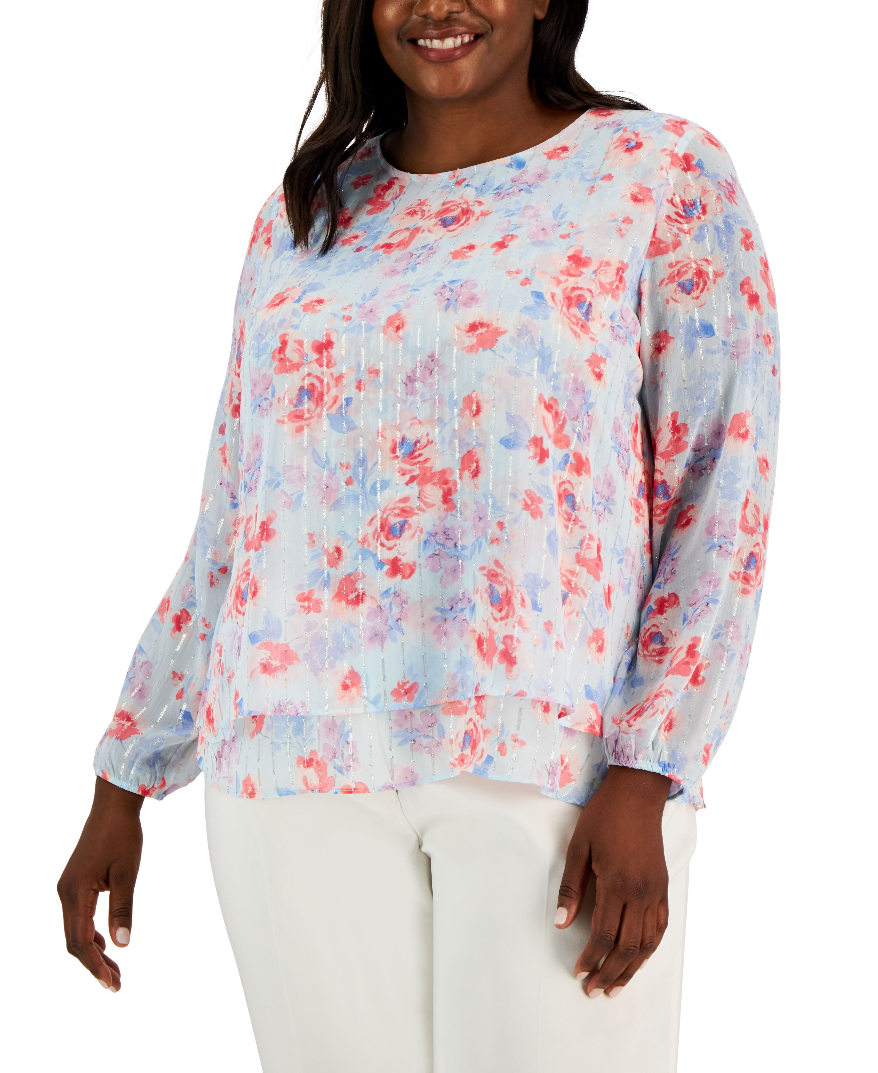 Plus Size Floral-Print Embellished Blouse Ocean Sky/Multi 1X